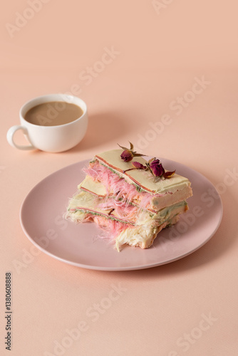 Trendy dessert handicraft chocolate with air filling, white and pink pismaniye and coffee on pink background. Vertical. Close up.