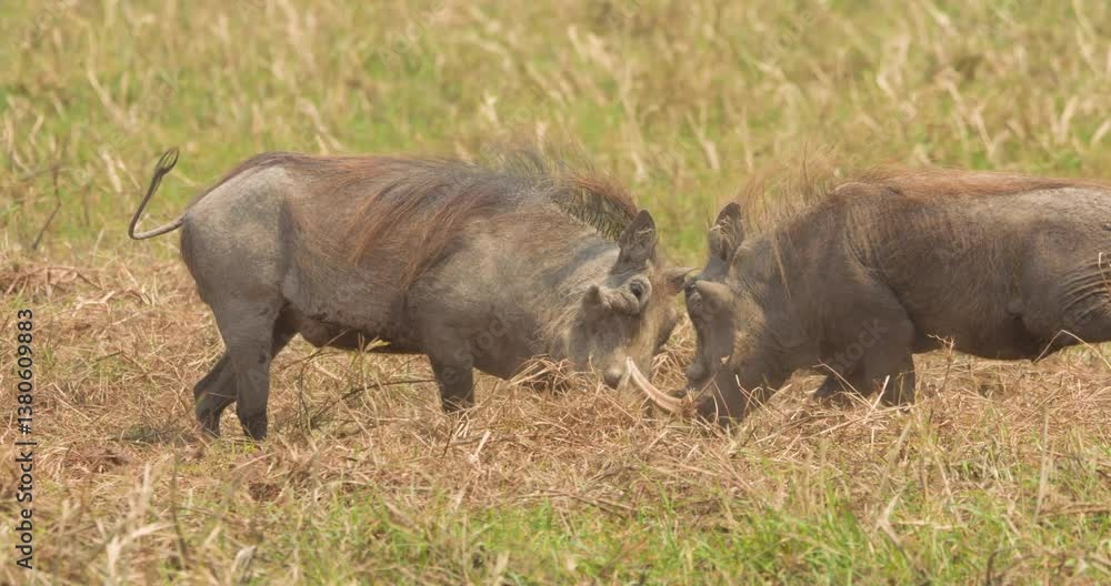 Confrontation between two Warthog (Phacochoerus africanus) on the floodplain of the Okavango, Bwabwata National Park Namibia Confrontation between two Warthog (Phacochoerus africanus) on the floodplain of the Okavango, Bwabwata National Park Namibia