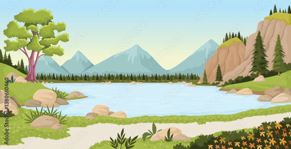 Fototapeta premium Colorful forest with blue lake. Park with grass and trees. Nature landscape.