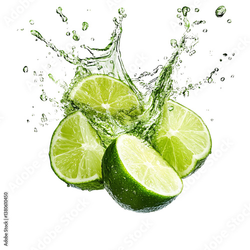 Lime slices splashing isolated on white and transparent background