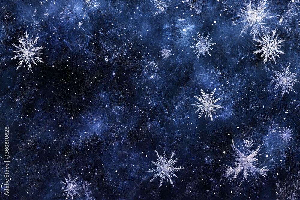 Dark blue background with scattered snowflakes, creating a wintery, cosmic atmosphere, symbolizing cold, magic, and the holiday season Dark blue background with scattered snowflakes, creating a wintery, cosmic atmosphere, symbolizing cold, magic, and the holiday season