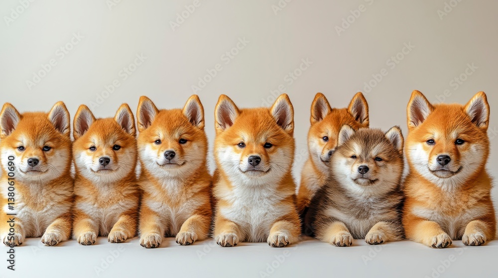 Obraz premium Shiba puppies A line of adorable, orange, and cream pups posing indoors