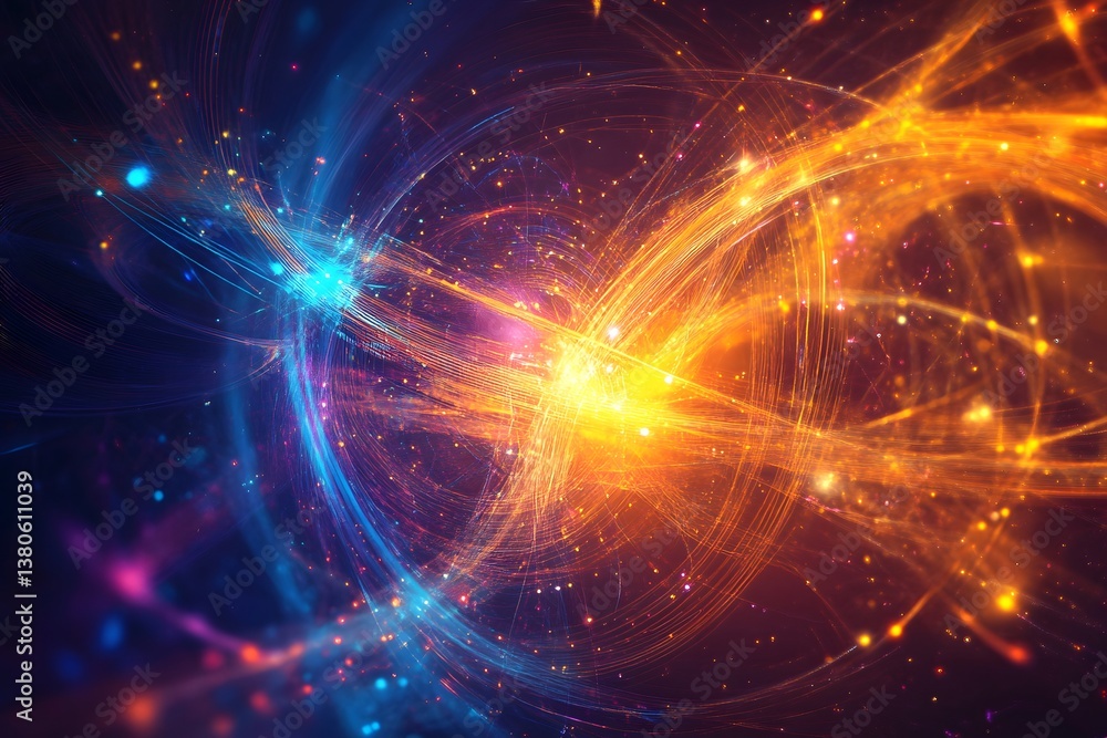 Obraz premium Abstract rendering of energetic light trails with blue and orange hues in a dark cosmic space