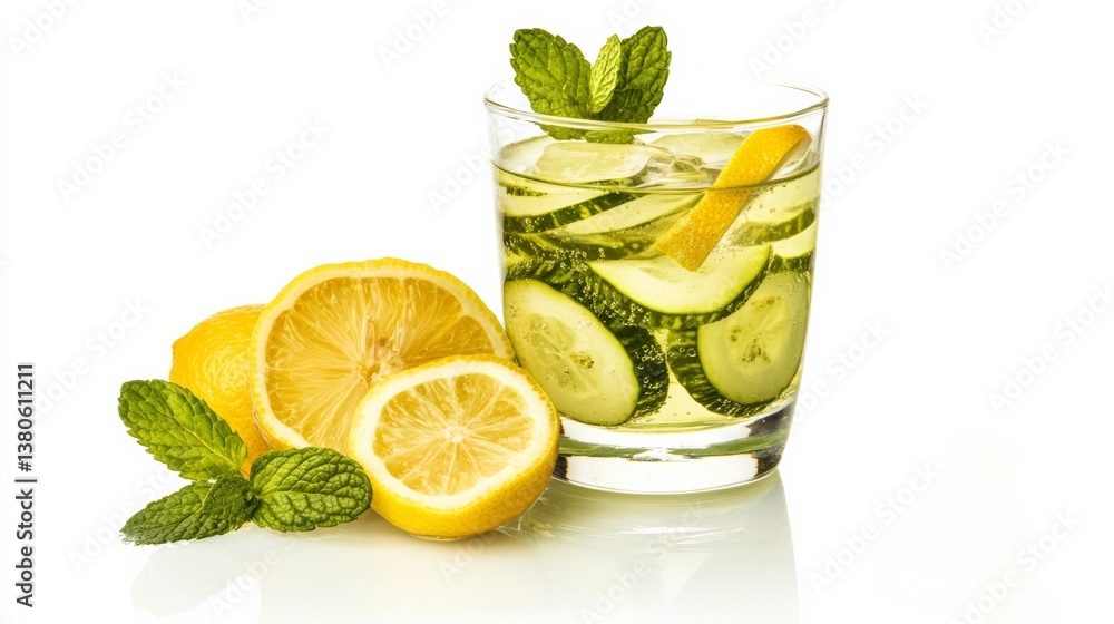Fototapeta premium A refreshing detox herbal drink with slices of lemon and mint floating, isolated on a white background