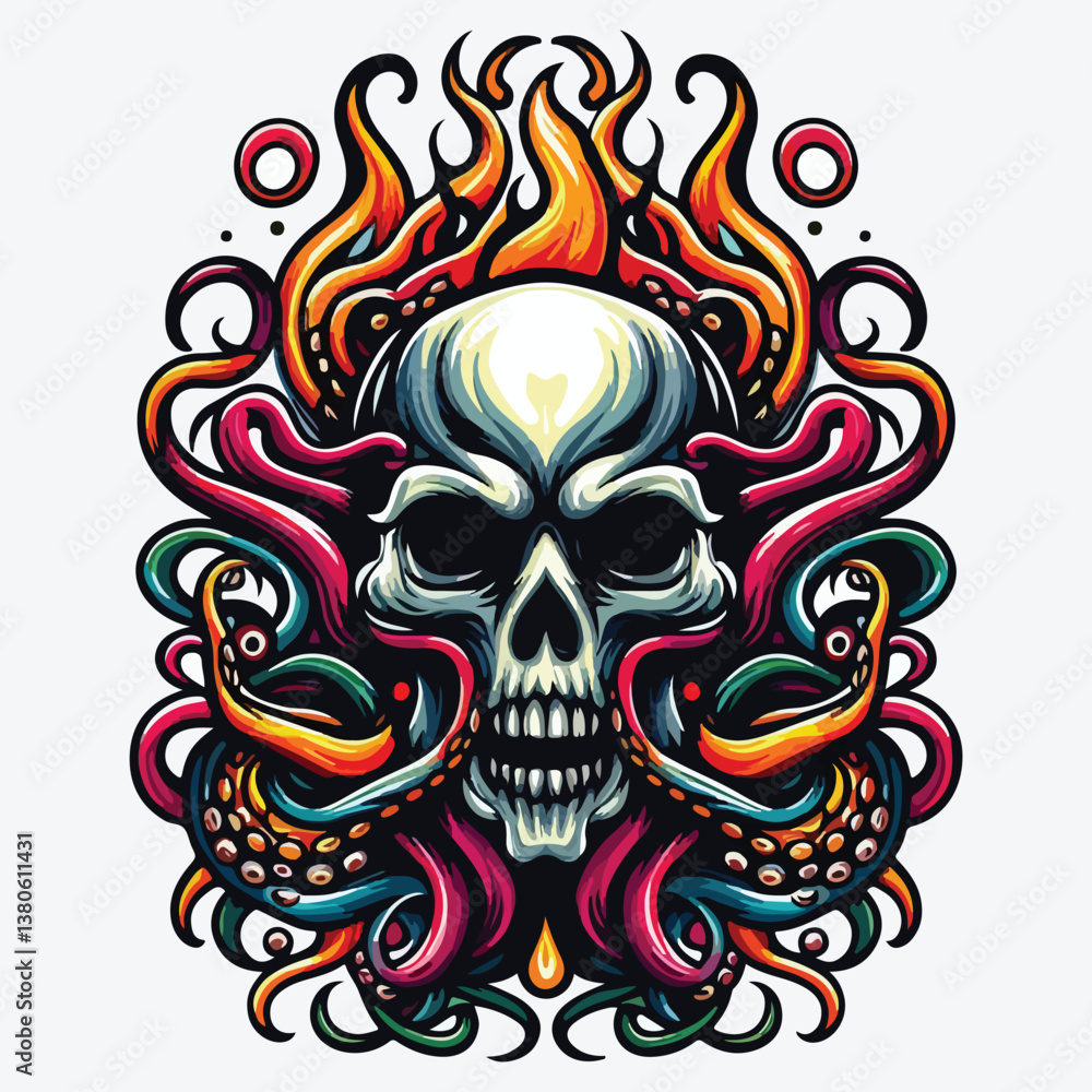 Obraz premium Evil skull with tentacles design. stock illustration