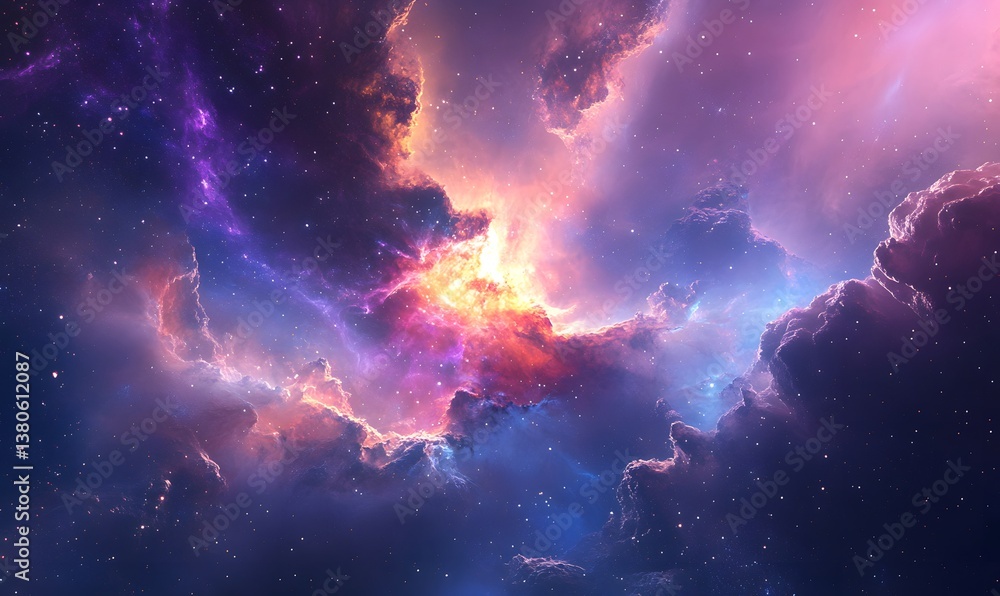 Fototapeta premium A vibrant nebula with swirling clouds of purple pink and orange in a field of stars and cosmic dust