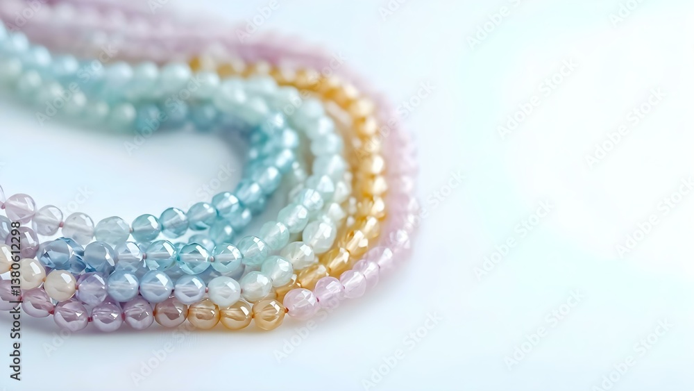 A collection of colorful, translucent beads arranged in a layered fashion, showcasing various pastel shades. Concept Translucent Beads, Layered Design, Pastel Colors, Jewelry Making A collection of colorful, translucent beads arranged in a layered fashion, showcasing various pastel shades. Concept Translucent Beads, Layered Design, Pastel Colors, Jewelry Making