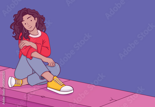 Cartoon young girl. Beautiful teenager woman seated.