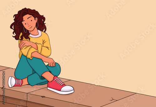 Cartoon young girl. Beautiful teenager woman seated.