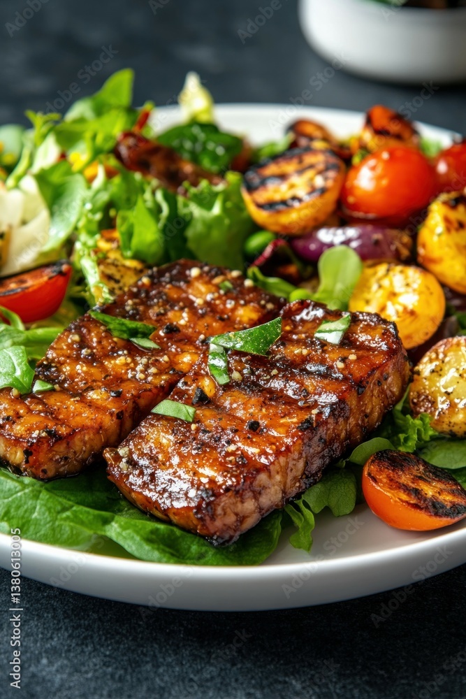 Grilled honey glazed pork chops with fresh salad and grilled vegetables on plate. Grilled honey glazed pork chops with fresh salad and grilled vegetables on plate.