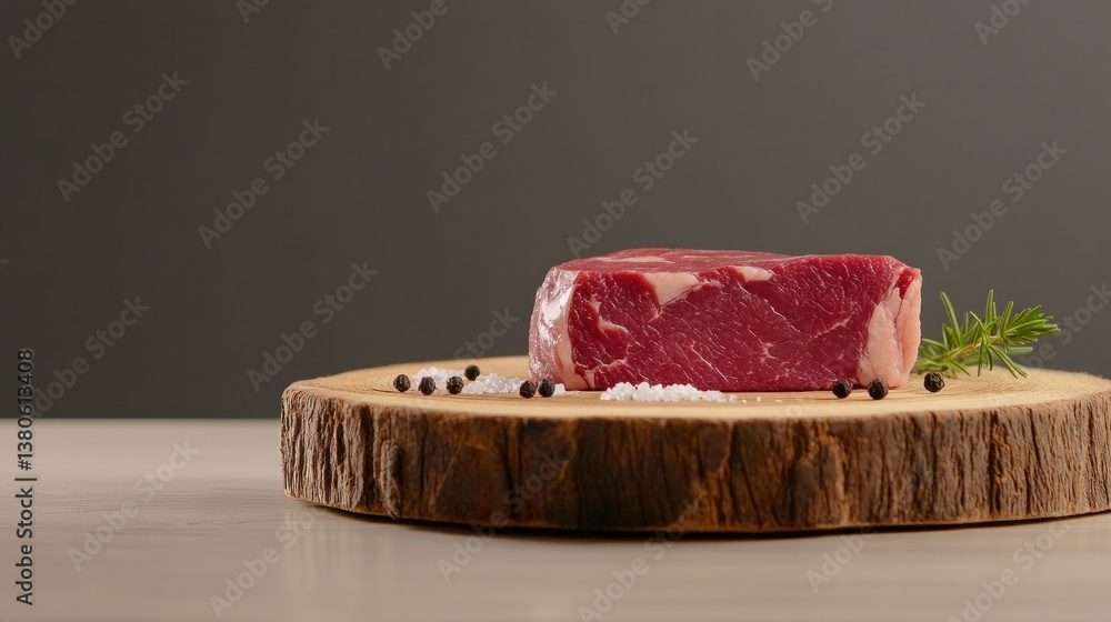 Raw beef steak on wooden board with salt, pepper, and rosemary. Raw beef steak on wooden board with salt, pepper, and rosemary.