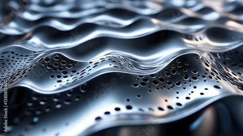 Close up of a perforated metal surface with wavy pattern and shiny metallic appearance
