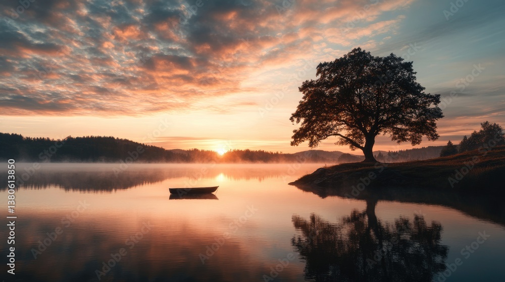 Serene Sunrise over a Misty Lake with a Solitary Boat and Tree Serene Sunrise over a Misty Lake with a Solitary Boat and Tree