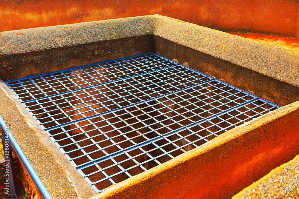 Sturdy metal grate covers an old brick prison, framed by weathered concrete with a rusty patina. Industrial design and warm tones create contrast, perfect for themes of safety, history or architecture