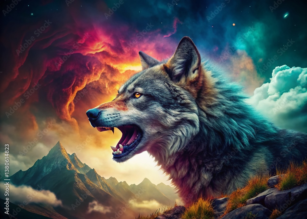 Fototapeta premium Surreal Wolf Portrait: Feral Majesty in a Twisted Dreamland