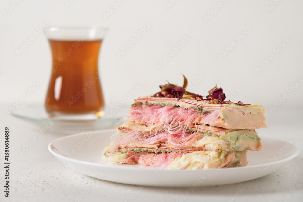Tasty breakfast with tea handicraft and pink chocolate with airy filling white and pink pismaniye on marble table. Trendy Turkish candy. Close up.