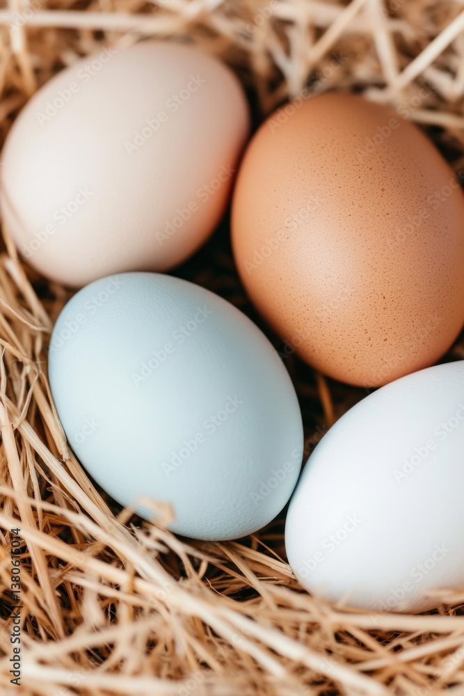 Four fresh eggs in nesting straw: organic and natural farm produce. Four fresh eggs in nesting straw: organic and natural farm produce.