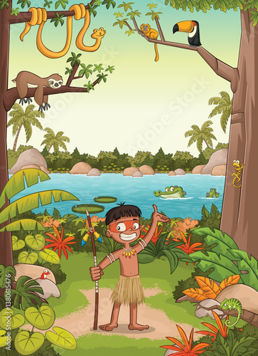 Cartoon indian in the forest. Tropical rainforest with native people. Tribe with animals and indian on amazon jungle.