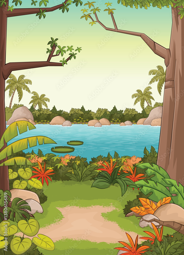 Fototapeta premium Colorful forest with blue river. Park with grass and trees. Nature landscape.