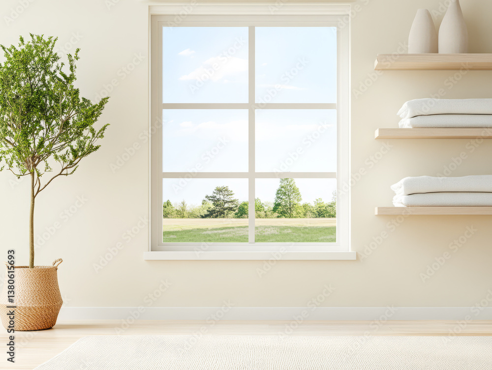 Fototapeta premium Bright and airy room with large window overlooking green landscape and neatly arranged towels