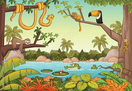 Tropical rainforest with animals. Animals on amazon jungle.
