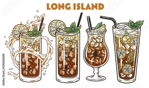 Long island cocktail glass with ice and slice of orange for design of surfing, tiki or beach bar menu. Negroni or old fashioned alcohol cocktail for drink party, summer vibes
