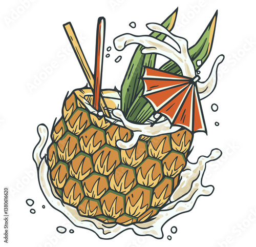 Pina Colada cocktail glass with rum, slice of pineapple for design of surfing, tiki or beach bar menu. Alcohol cocktail for drink party, summer vibes