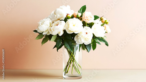 Wallpaper Mural Elegant bouquet of white peonies in clear vase on minimalist background Torontodigital.ca