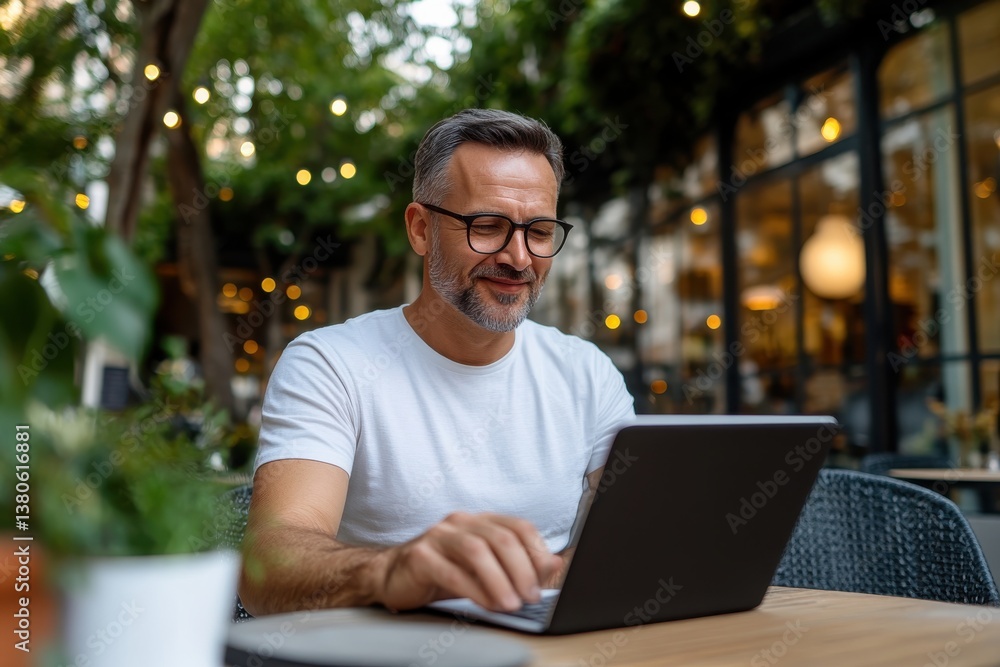 A confident man enjoys a productive day working on his laptop at a cozy outdoor cafe, capturing the essence of modern life and the beauty of creativity in a relaxed environment. A confident man enjoys a productive day working on his laptop at a cozy outdoor cafe, capturing the essence of modern life and the beauty of creativity in a relaxed environment.