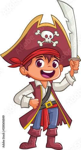 Cartoon pirate with sword. Happy pirate boy.