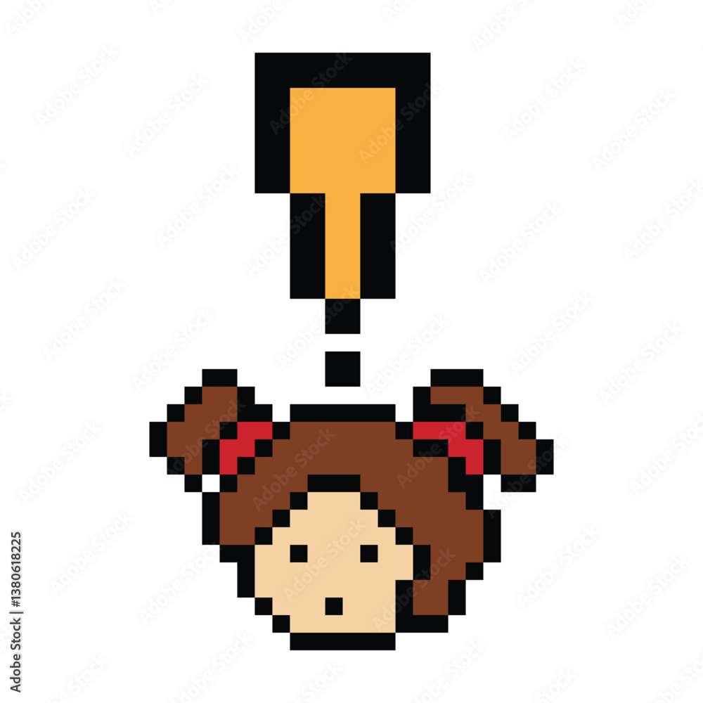 Fototapeta premium Cute pixel cartoon character woman notice with exclamation mark decoration 8 bit female girl lady surprise idea exclamation alert cartoon pixel game 8bit png vector.
