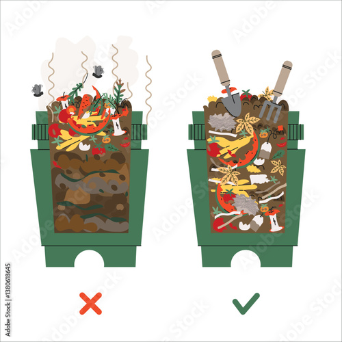 Composting guide illustration showing incorrect method only wet food waste, left versus correct layering of wet and dry waste right for healthy compost. Great for eco education and sustainability tips