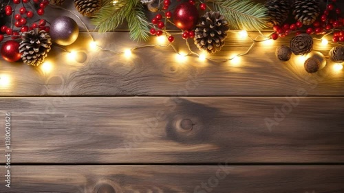 Festive cheer on wooden: A cheerful composition of Christmas ornaments, lights and pine cones set on weathered wooden surface. evoking feelings of warmth, nostalgia, and seasonal joy.