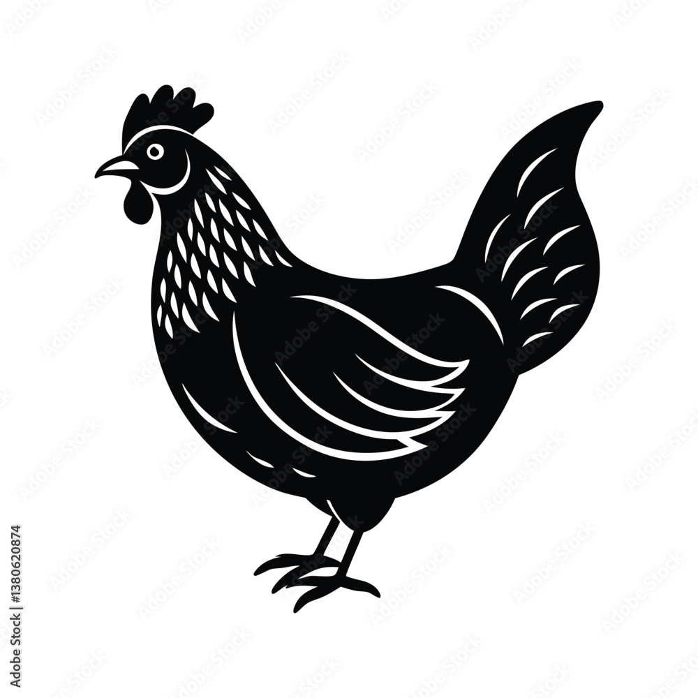 Silhouette Illustration of a Detailed Hen in Black and White Silhouette Illustration of a Detailed Hen in Black and White