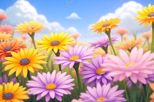 field of colorful flowers with a blue sky in the background