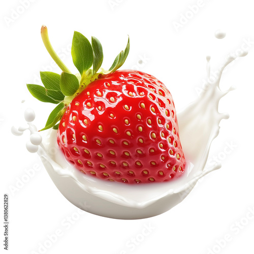 Fresh strawberry splashing into milk isolated on white and transparent background