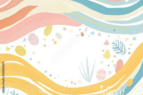 Diagonal pastel rainbow Easter background with integrated seasonal icons and central copyspace for creative printed design