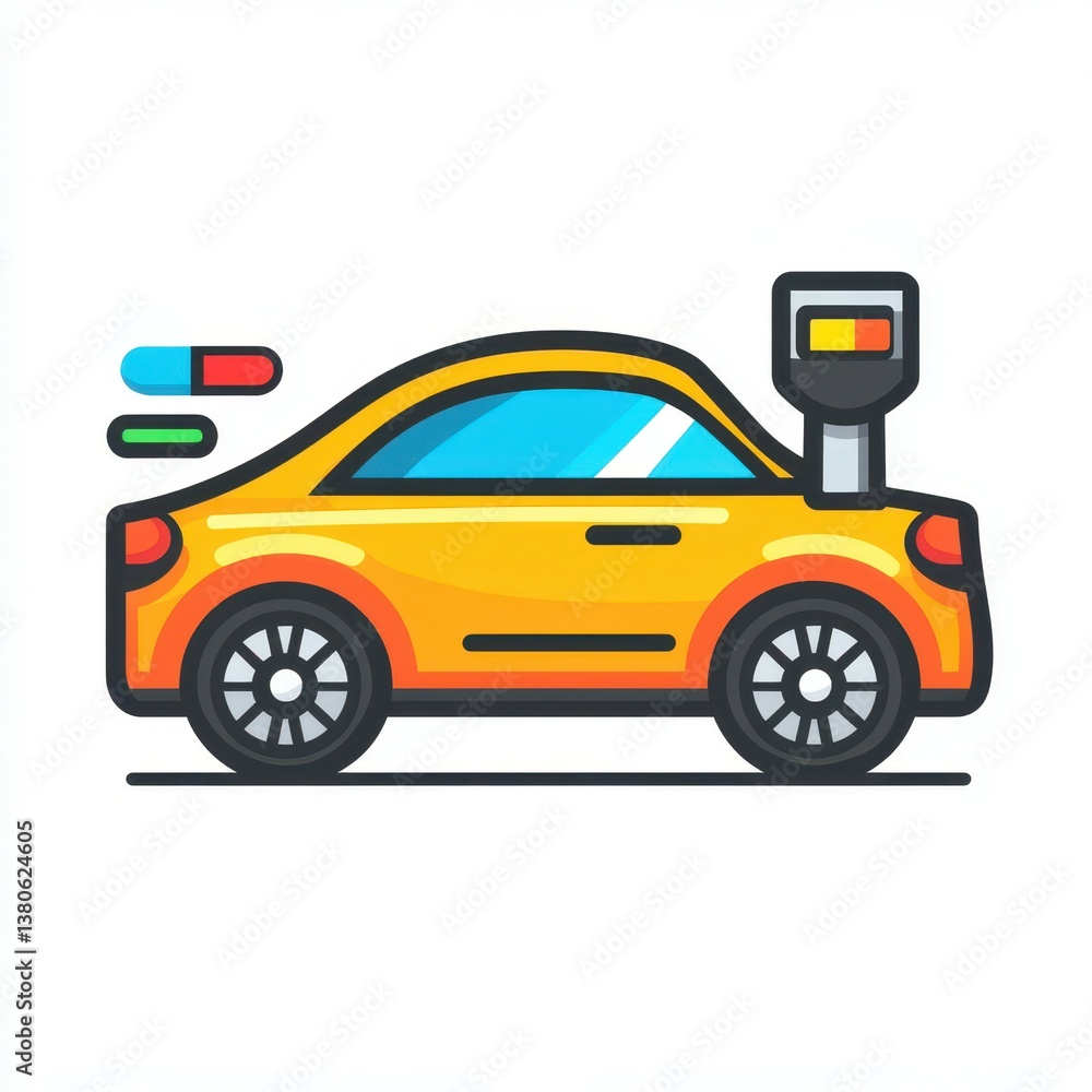 Yellow car with parking meter driving on a flat road during daylight hours Yellow car with parking meter driving on a flat road during daylight hours