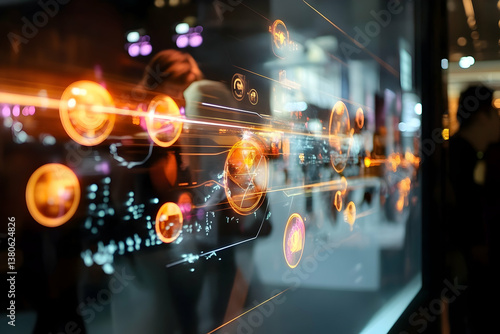 Futuristic display with glowing interface and blurred silhouettes of people