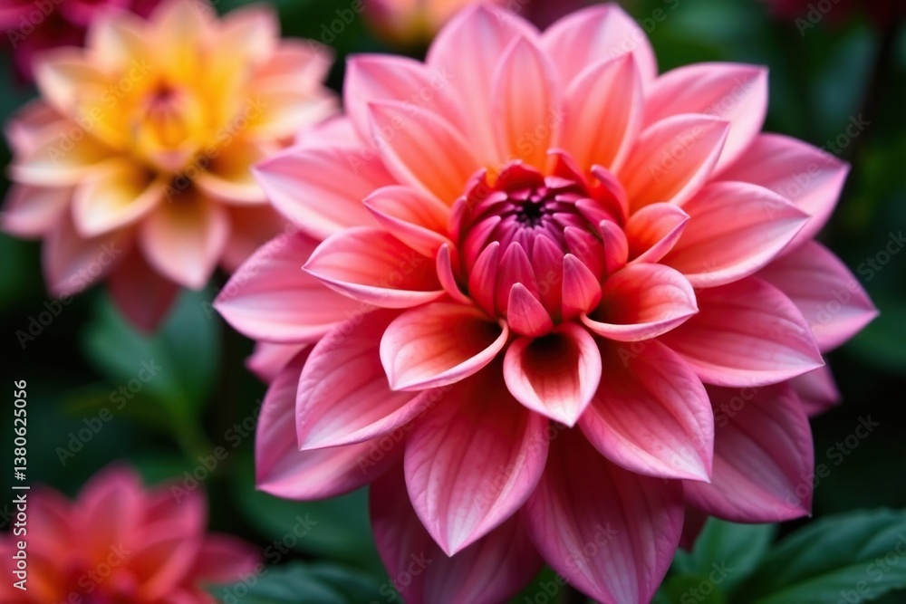 Fototapeta premium Intricate dahlia blooms, vibrant colors, close-up view , art, aesthetic, graphic