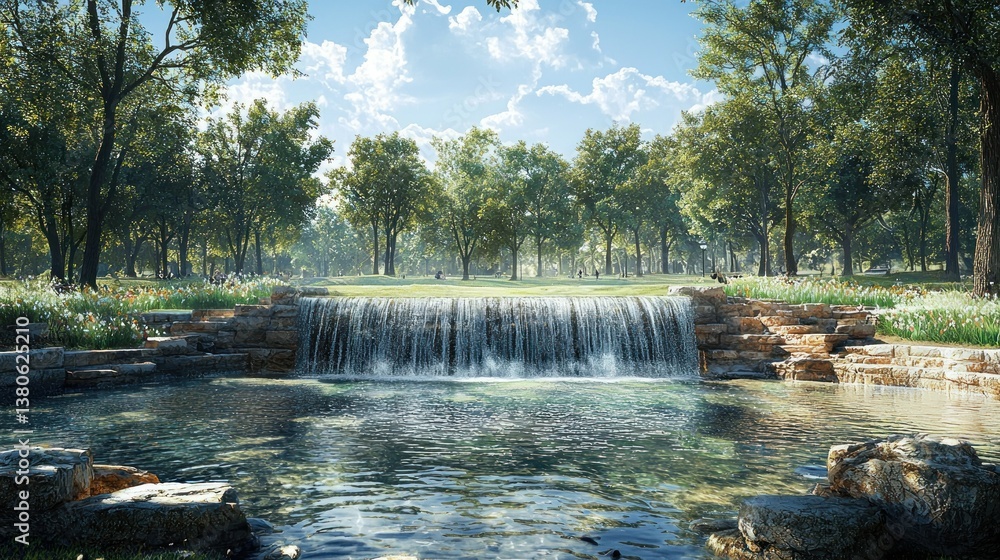 Fototapeta premium Serene Waterfall Oasis: A Tranquil Landscape