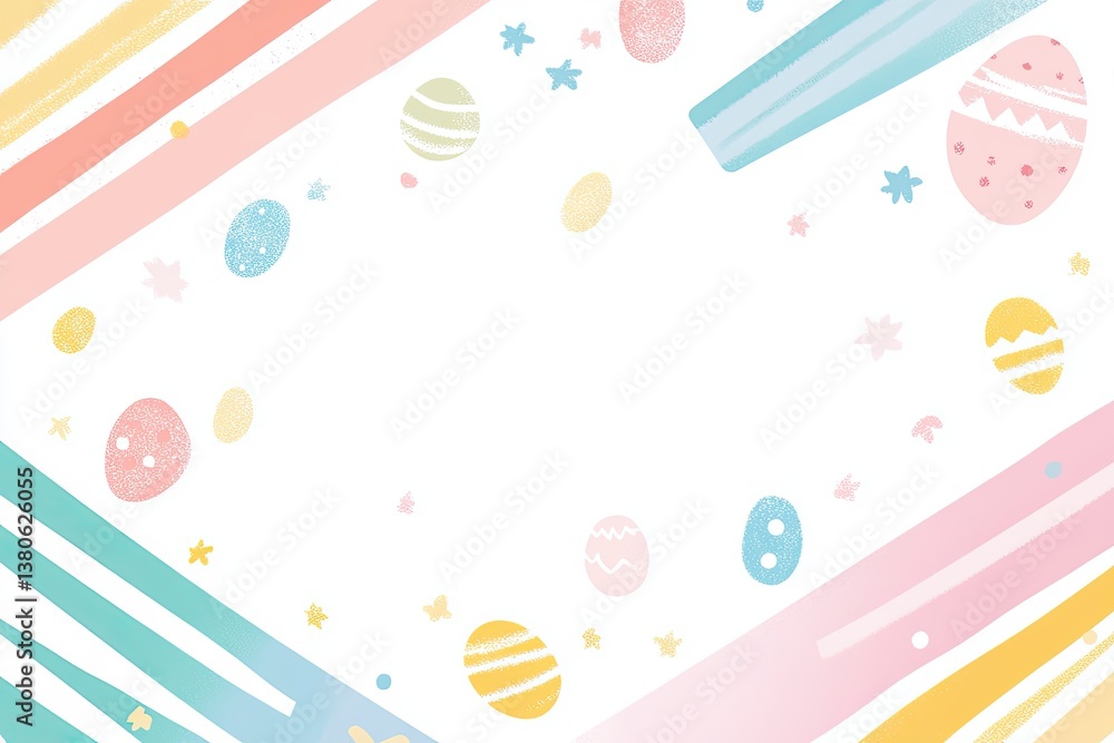 Diagonal pastel rainbow Easter background with integrated seasonal icons and central copyspace for creative printed design Diagonal pastel rainbow Easter background with integrated seasonal icons and central copyspace for creative printed design