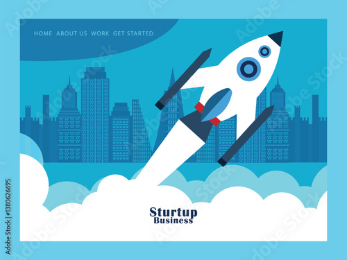 Landing page template Launching startup, new business concept, rocket launch.