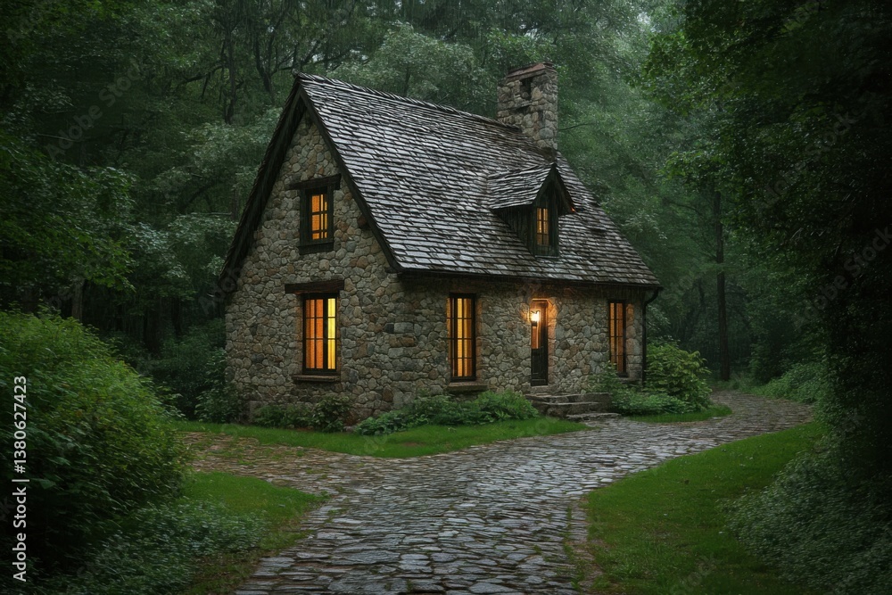 Fototapeta premium Charming stone cottage nestled in the woods at dusk with warm lights glowing from the windows and a cobblestone path winding through lush greenery