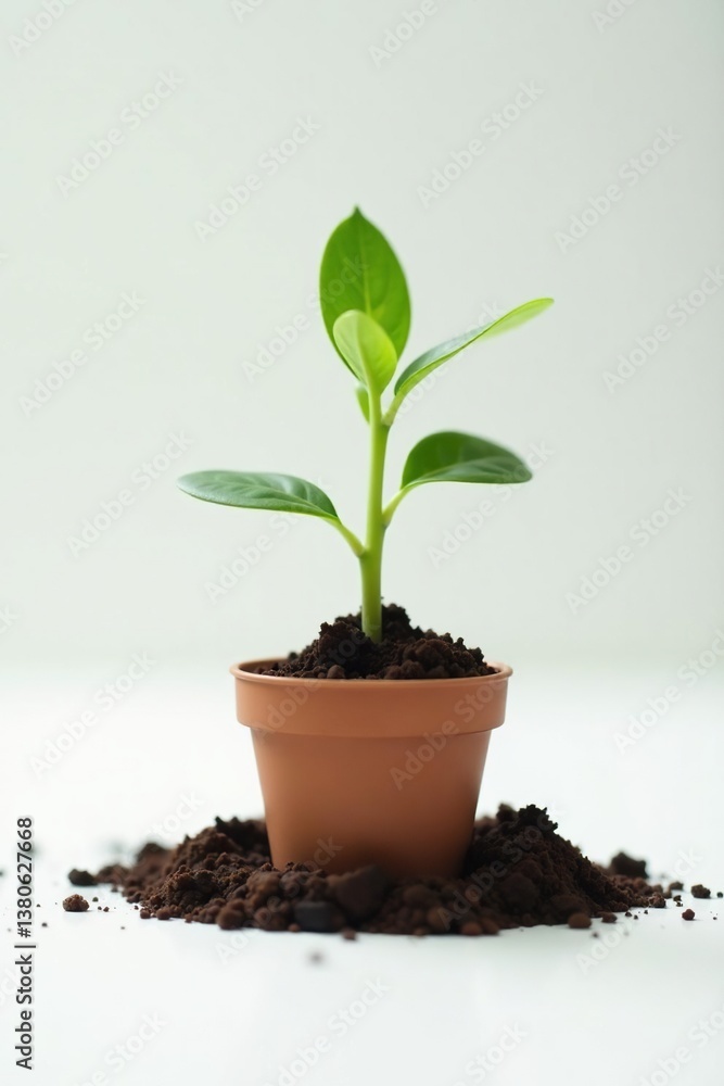 A small sprout growing out of a pot on white surface, nature, green A small sprout growing out of a pot on white surface, nature, green