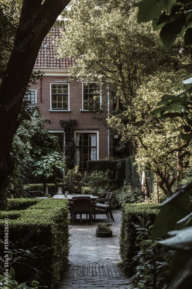 Obraz premium Serene garden with cozy seating area nestled between lush greenery in an elegant urban setting during late afternoon light
