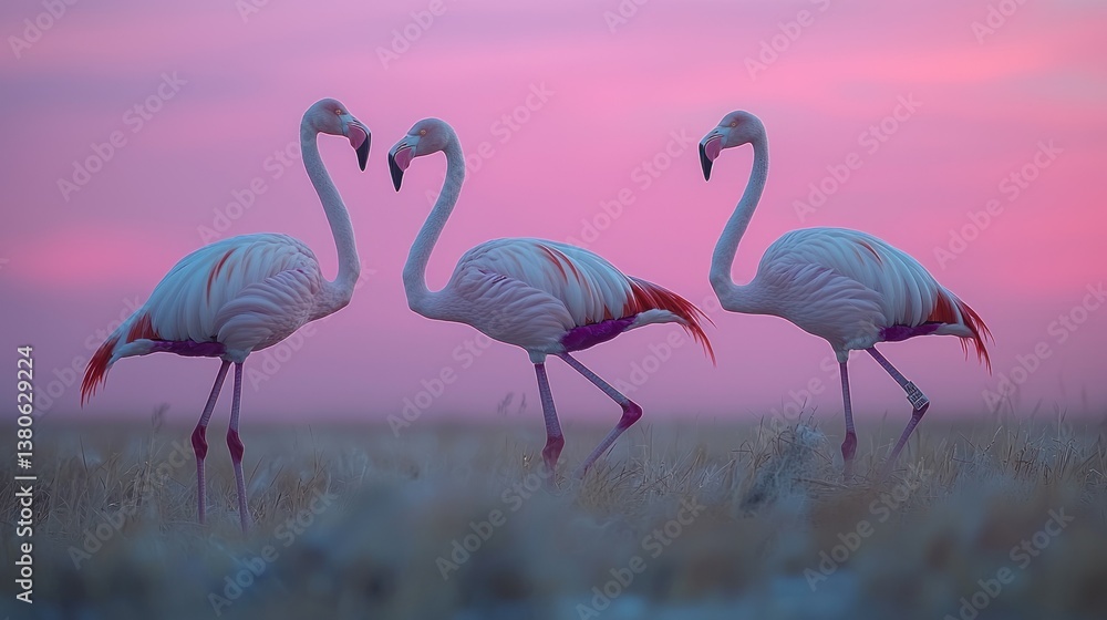 Obraz premium Three Flamingos at Sunset: A Serene African Scene