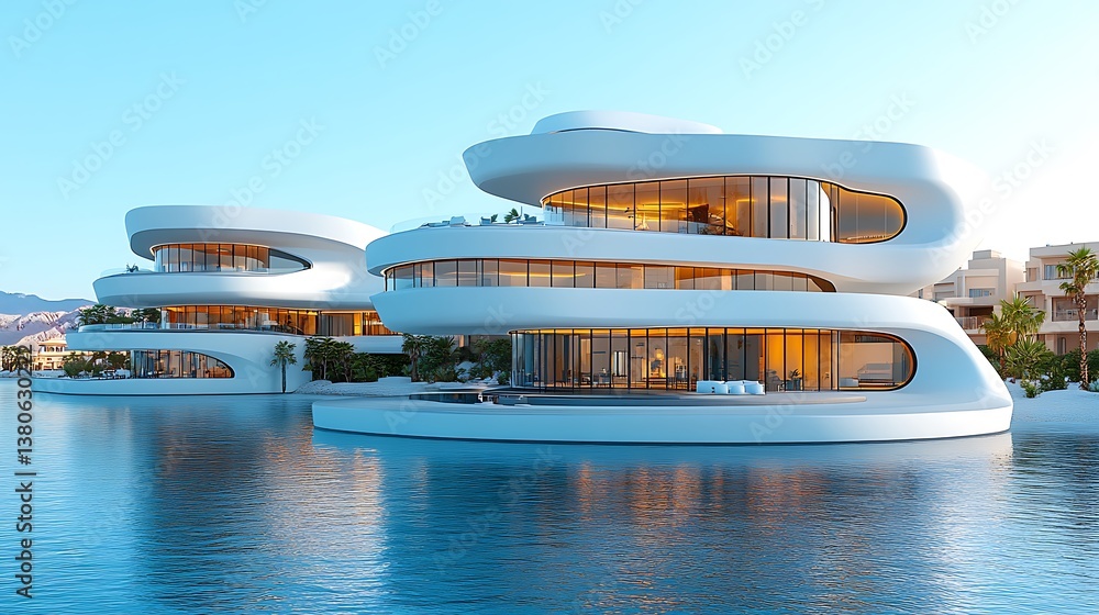 Futuristic villas on a lagoon, luxury modern architecture, serene waterfront Futuristic villas on a lagoon, luxury modern architecture, serene waterfront