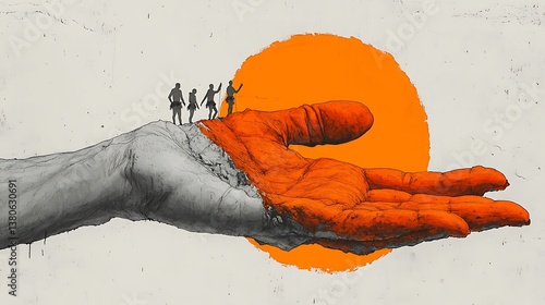 Giant hand supporting people, surreal, orange sun, abstract