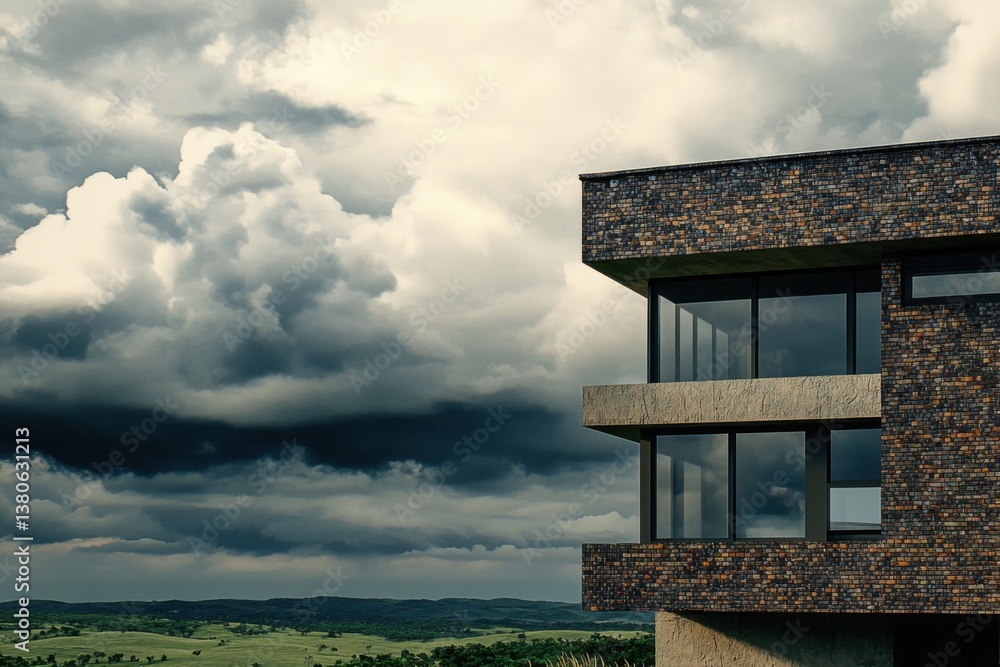 A striking modern building stands amidst a breathtaking natural landscape, framed by dramatic clouds as an impending storm looms over the countryside A striking modern building stands amidst a breathtaking natural landscape, framed by dramatic clouds as an impending storm looms over the countryside